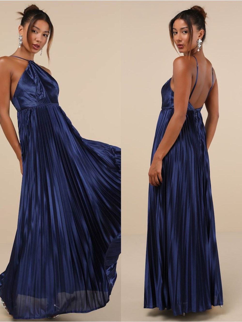 LULU’S Elaborate Charm Navy Blue Satin Pleated Backless Maxi Dress